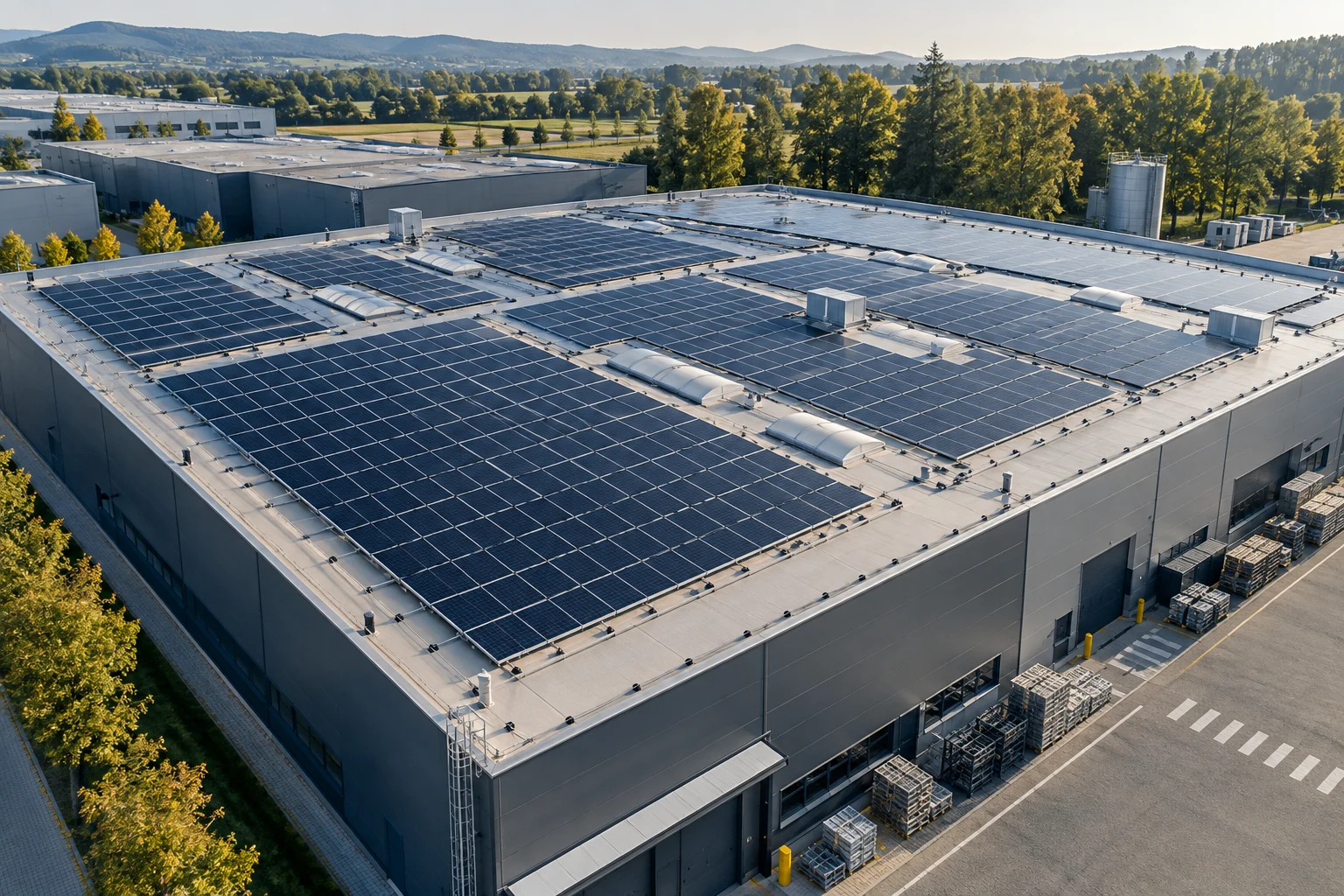 Solarni paneli na krovu industrijskog objekta